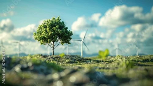 Green Energy Landscape with Wind Turbines and Tree | 2. Sustainable Future: Wind Power and Nature | 3. Eco-Friendly Environment with Renewable Energy