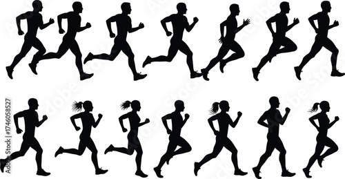Silhouette sequence of male and female runners in motion, athletic jogging exercise, running posture illustration, fitness training concept isolated