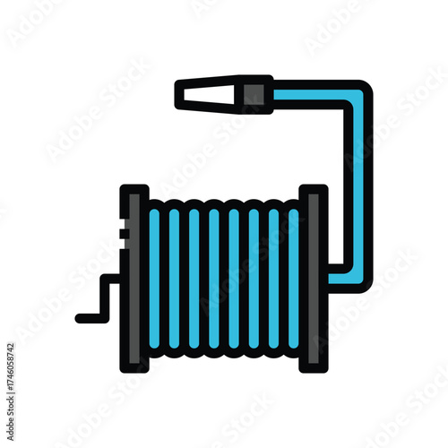 A graphic depicting a hose reel A blue hose is coiled on a reel with a handle The hose extends upward to a nozzle