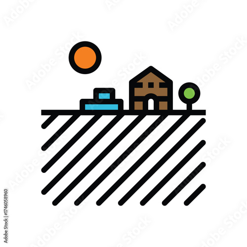 A landscape with a building tree and stacked blocks set against a patterned background and an orange circle