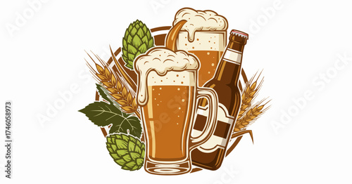 Craft beer celebration with foaming mugs, bottle, hops and wheat illustration