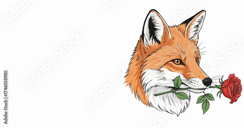 Charming fox holding a beautiful red rose flower delicately in its mouth artfully done