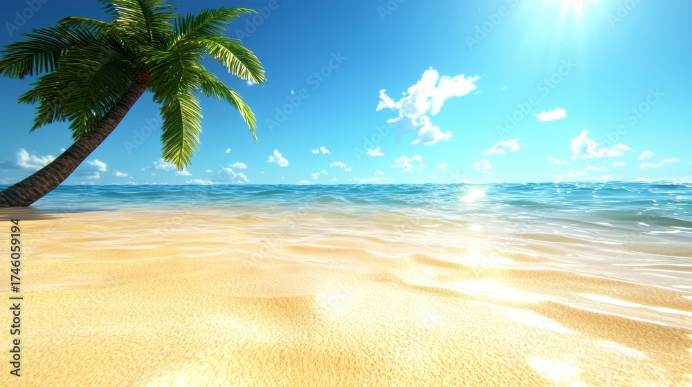 Obraz premium Idyllic Tropical Beach Scene with Palm Tree and Clear Ocean