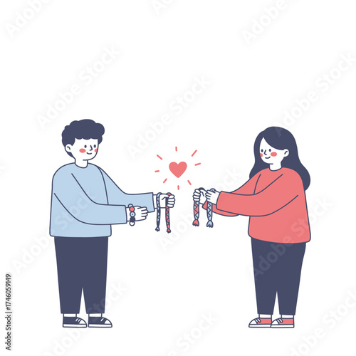 Two people exchanging friendship bracelets with a heart symbol above them.