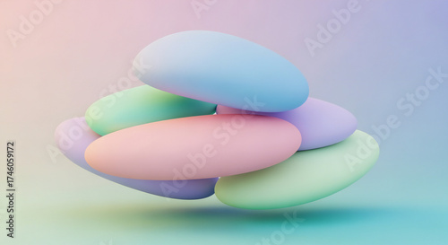 A cluster of soft, organic shapes in pastel colors evokes a dreamy and calming atmospheric mood.