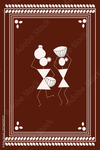 Village Women carrying water on their heads concept of Warli art isolated on dark brown background - vector illustration