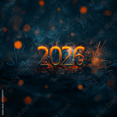 Bright glowing numbers show the year 2026 in a futuristic design