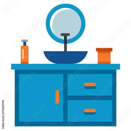 Modern bathroom vanity with a wooden cabinet blue vessel sink round mirror and soap dispenser vector on white background.