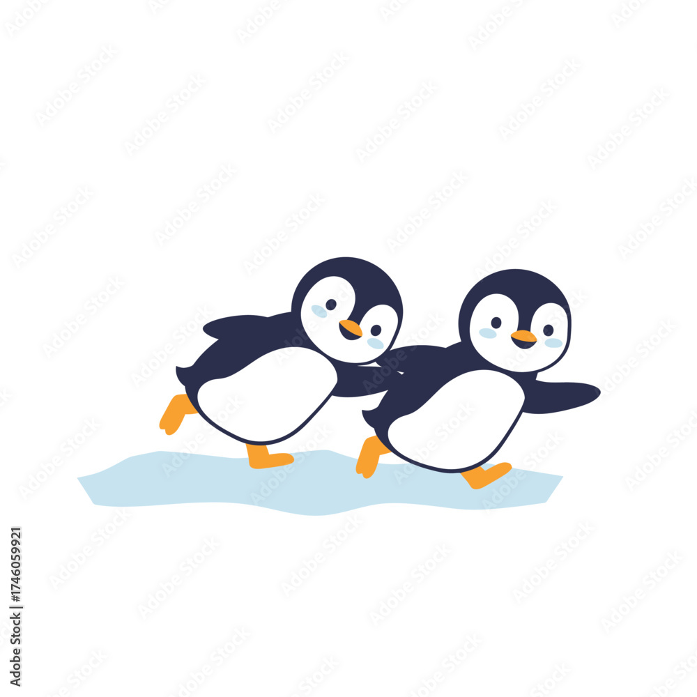 Naklejka premium Two playful penguins running on ice, conveying joy and movement.
