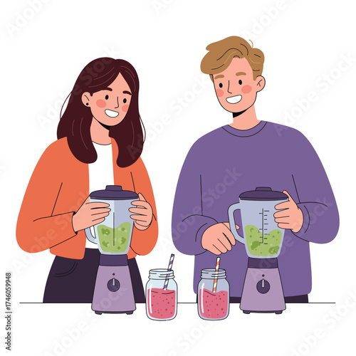 A couple blending smoothies with fresh ingredients, showcasing healthy drink preparation.