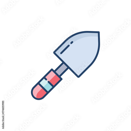 A trowel with a short gray blade and a handle divided into red and blue sections