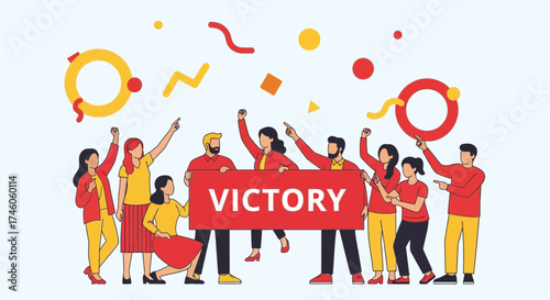 Group celebrates victory by holding up a banner, vector illustration, team