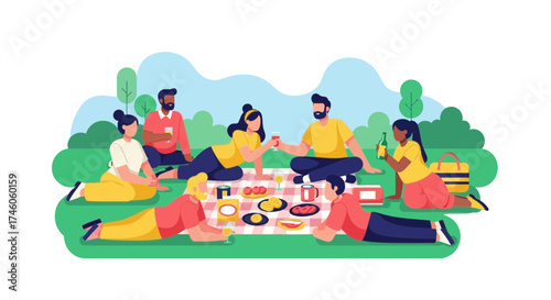 Group Enjoying A Picnic Outdoors In A Relaxed And Joyful Environment Together
