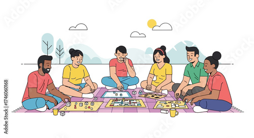 Group Enjoying Board Games Outdoors, Sunny Day, Leisure Activities, Friends Together