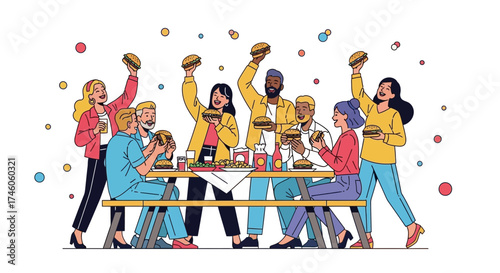 Group Of Enthusiastic People Joyfully Celebrate With Elevated Burgers And Refreshments