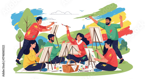 Group Of Enthusiastic Artists Painting Outdoor Landscapes With Vibrant Colors And Smiling