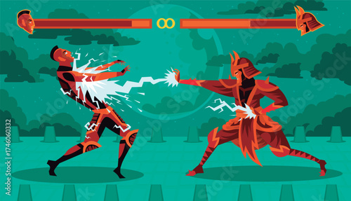 2d fighting game scene with samurai launching energy attack