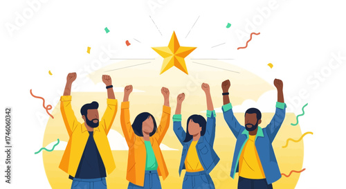 Group Of Excited Individuals Celebrating Success With Golden Star and Confetti Shower
