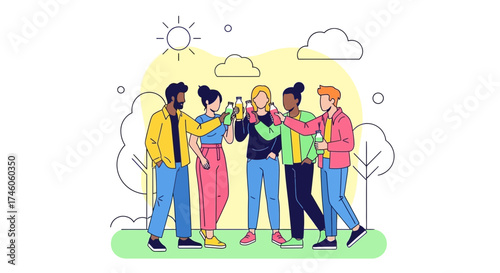 Group Of Friends Celebrating With Beverages In A Lively Outdoor Environment
