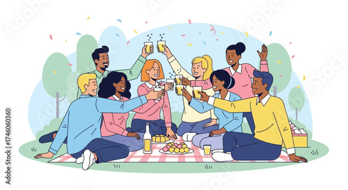 Group Of Friends Celebrating With Drinks And Enjoying A Picnic In Nature