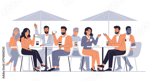 Group Of Friends Conversing And Drinking Coffee Under Umbrellas At Outdoor Cafe