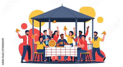 Group Of Friends Celebrating With Pizza And Drinks In An Outdoor Pavilion