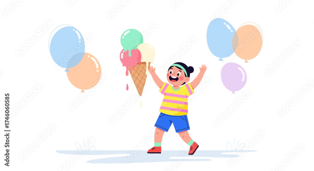 Naklejka premium Happy Child Enjoying Delicious Ice Cream Next To Colorful Balloons For Joyful Moments
