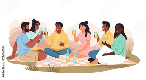 Group of Friends Enjoying a Picnic Outdoors with Drinks and Good Company