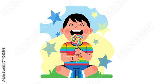 Happy child enjoying a colorful lollipop on a grass area with stars as a background