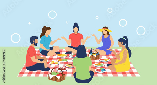 Group of friends enjoying a picnic outdoors with food and drinks on the blanket