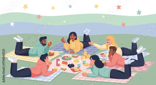 Group Of Friends Enjoying A Picnic Outdoors With Food Stars And Happiness
