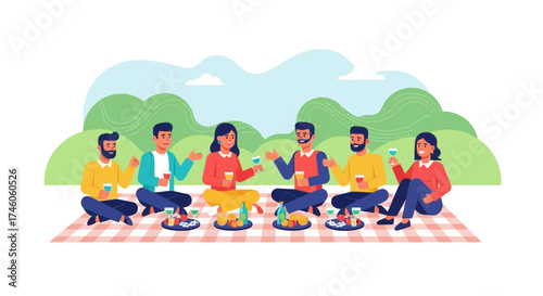 Group of friends enjoying a picnic outdoors, celebrating with food and drinks