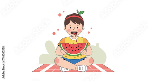 Happy Child Enjoying a Delicious Watermelon Slice Outdoors on Summer Day