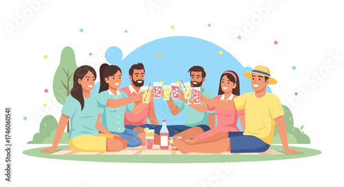 Group Of Friends Enjoying A Picnic Toasting Drinks On A Sunny Summer Afternoon