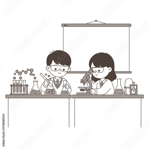 Two children conducting experiments in a science classroom with lab equipment.