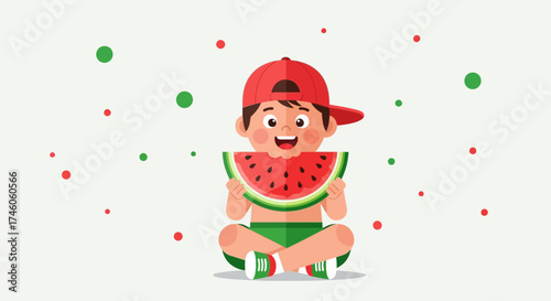 Happy Child Enjoying A Watermelon Slice, Summer Delight And Refreshment, Eating Fruits