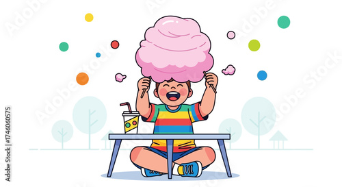 Happy child enjoying cotton candy at a park on a sunny day