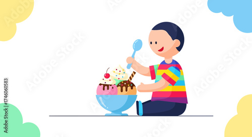 Happy Child Enjoying Delicious Ice Cream Dessert In A Cheerful And Colorful Setting