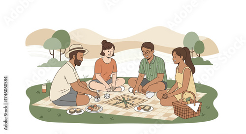 Group Of Friends Enjoying Board Game And Snacks During a Pleasant Outdoor Picnic