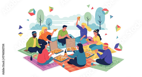 Group of Friends Enjoying Pizza and a Picnic Outdoors in a Park Illustration