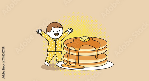 Happy child excited for pancakes with maple syrup and a pat of butter on top