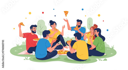 Group of Friends Enjoying Pizza Together Outdoors, Happiness in Nature