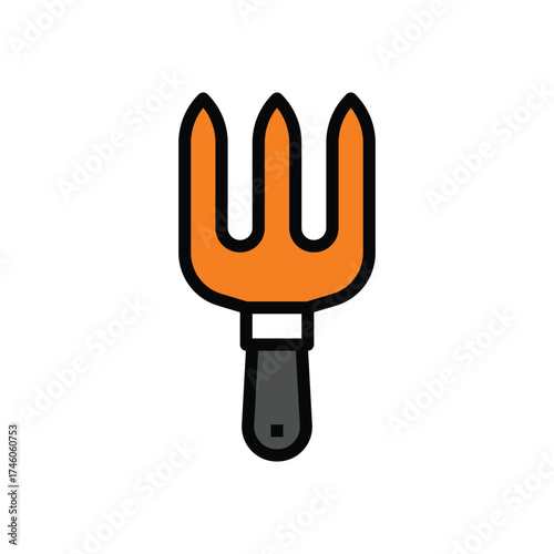 An orange threepronged garden tool with a gray handle outlined in black