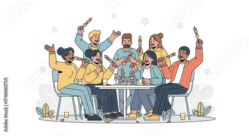 Group Of Friends Enjoying Skewers And Having A Wonderful Time Together