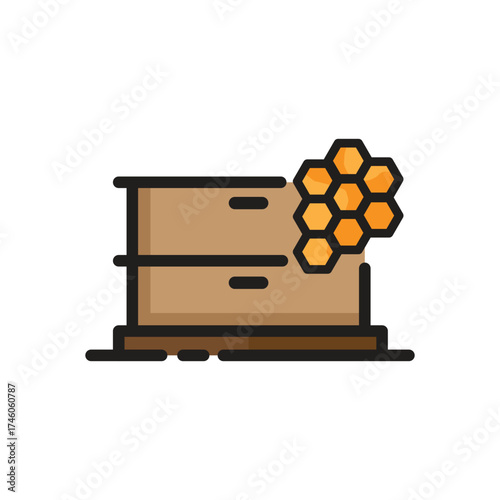 Beehive illustration wooden box with honeycomb structure on right