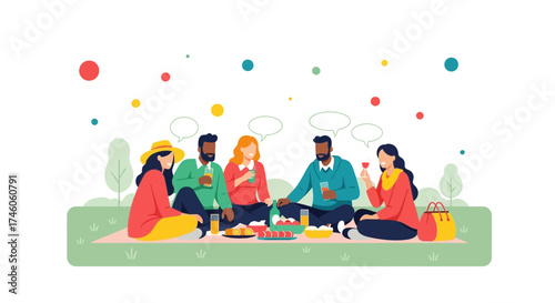 Group Of Friends Having A Joyful Picnic Outdoors With Drinks And Snacks Together
