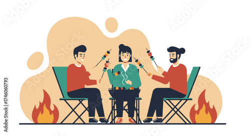 Group of friends having a barbecue together and enjoying their leisure time
