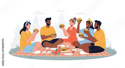 Group of friends having a picnic and eating burgers together outdoors on a sunny day