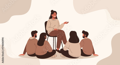 Group Therapy Session Depicted With A Therapist And Attendees, Collaborative Session