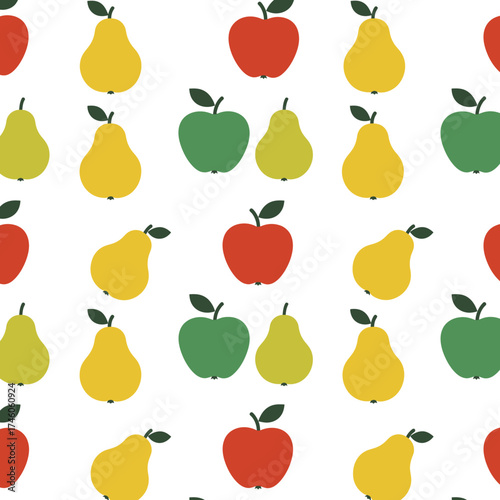 A repeating pattern of colorful apples and pears on a white background.